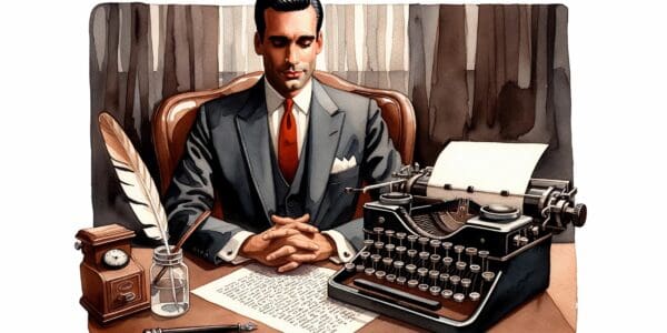 Tekstforfatting av en 60-talls "mad men"-person med skrivemaskin, papir med tekst, og en fjærpenn.