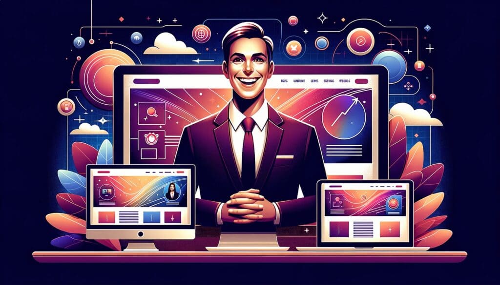 En mobilvennlig nettside på ulike skjermer og skjermstørrelser med en mann i dress midt i bildet.