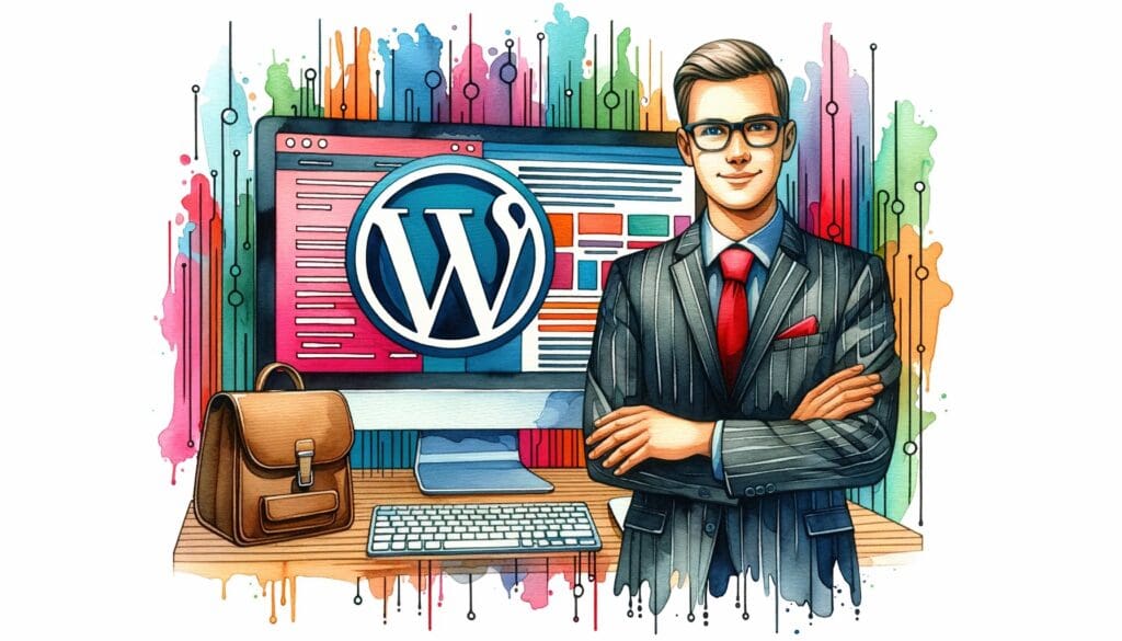 Drift av nettside i WordPress trenger ikke å være vanskelig. Her er en person fremofr en pc-skjerm med WordPress-logo.