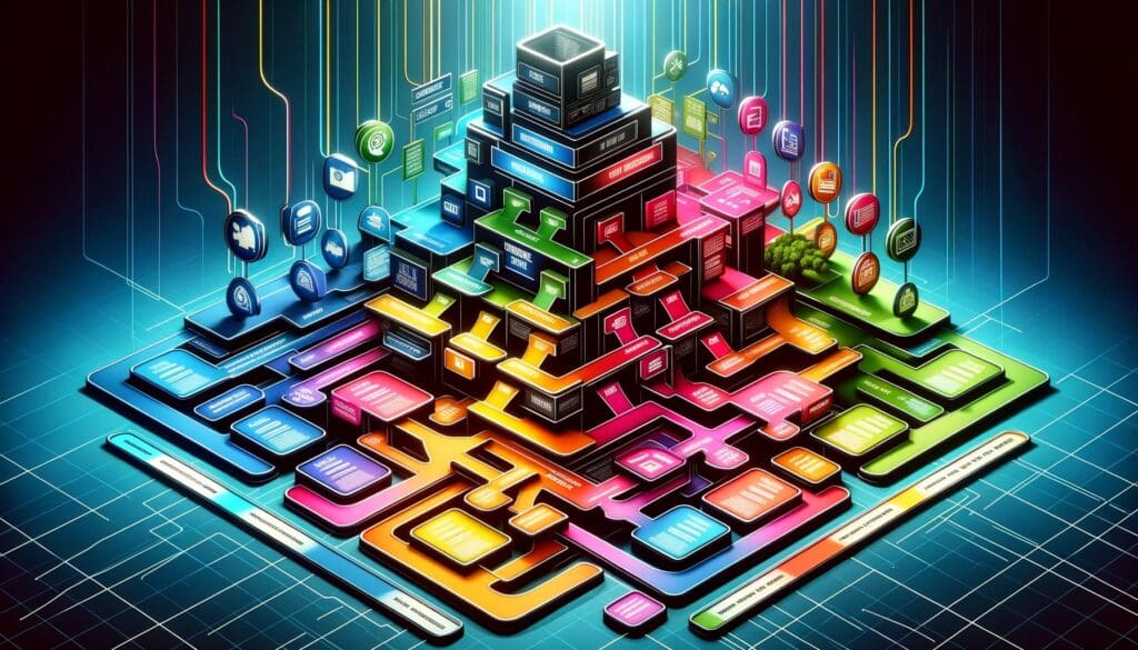 EN illustrasjon av en type pyramid og labyrint med ganger i ulike farger for å illustrere strukturen av ulike innhold på en nettside.