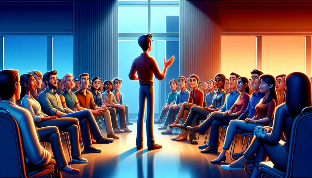 En Pixar-inspirert illustrasjon som viser en person som står fremfor en gruppe mennesker og snakker. Alle i gruppen ser på ham med interesserte blikk.