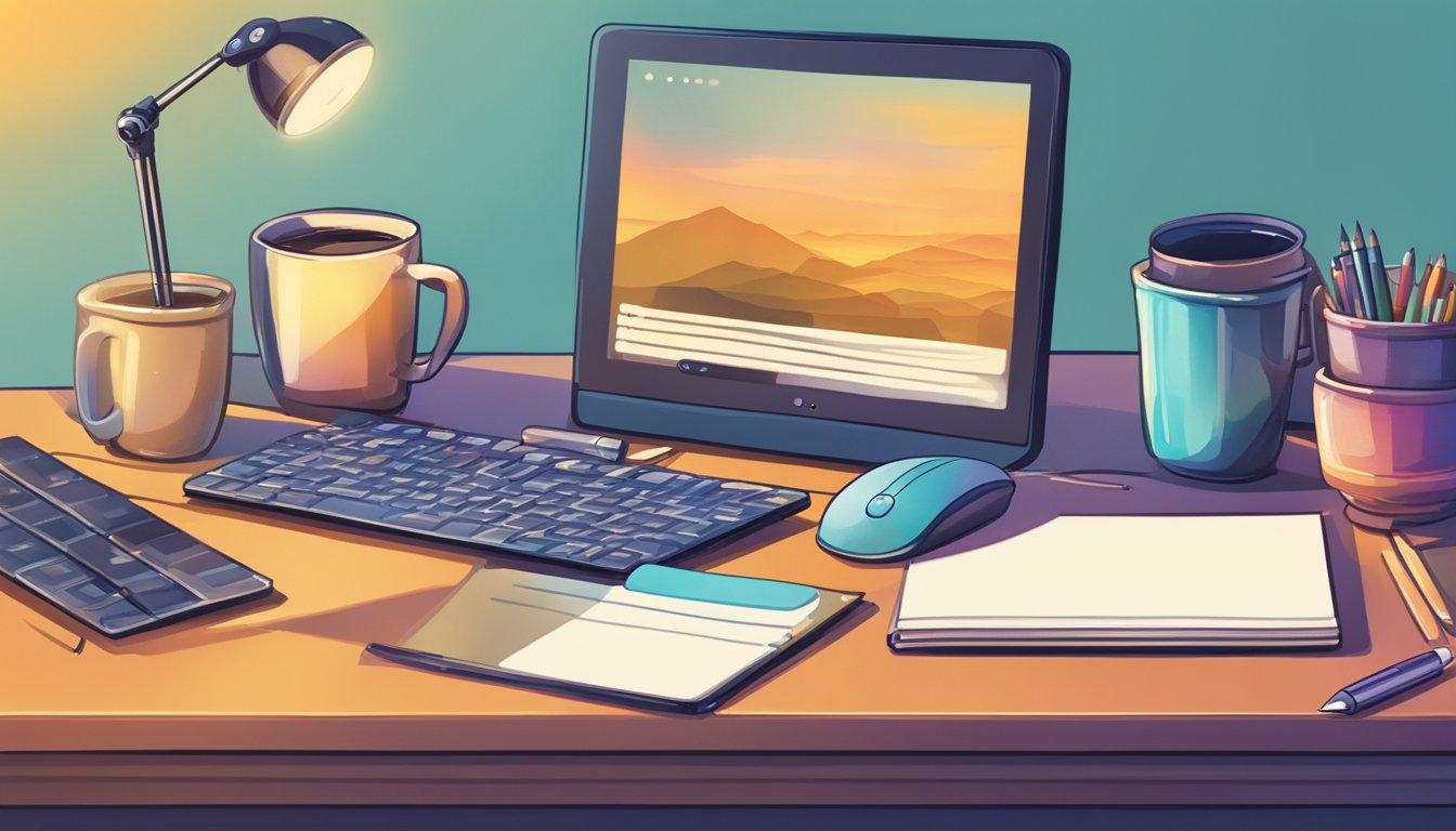 A desk with a computer, keyboard, and mouse. An email marketing software interface on the computer screen. A cup of coffee and a notepad with a pen