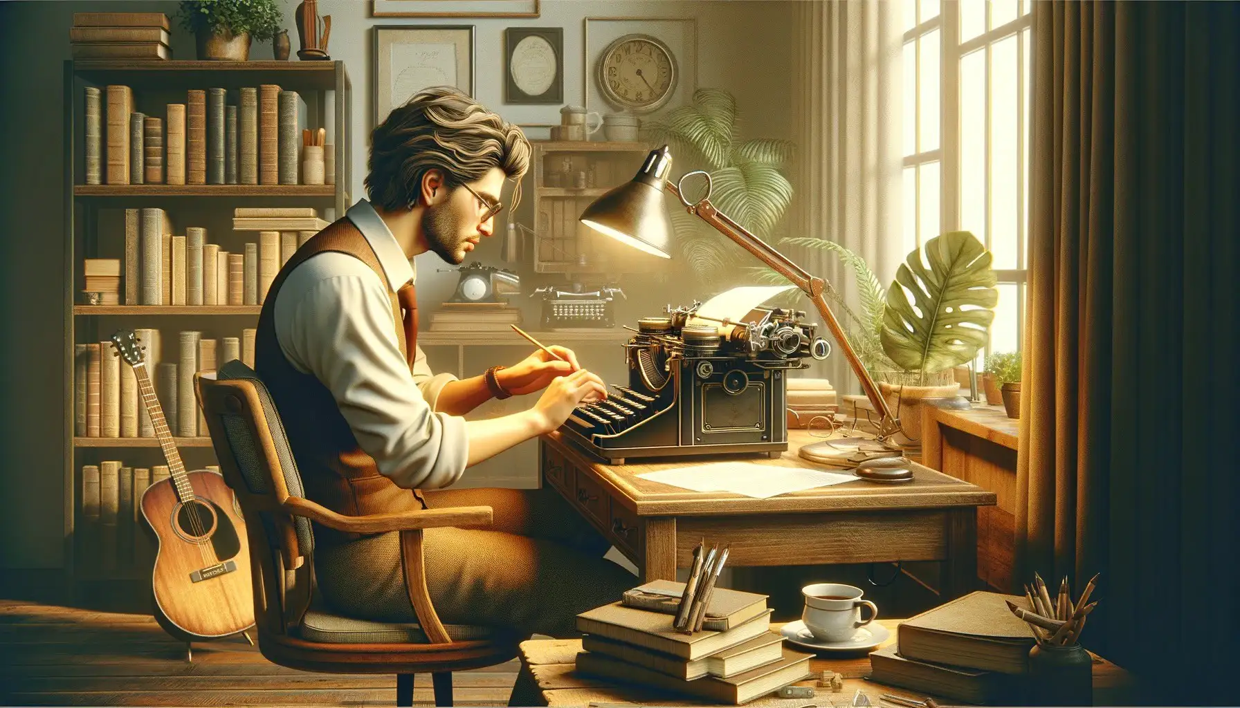 En man sitter ved et skrivebord og skriver på en skrivemaskin. En illustrasjon av å drive med blogging for bedrift.