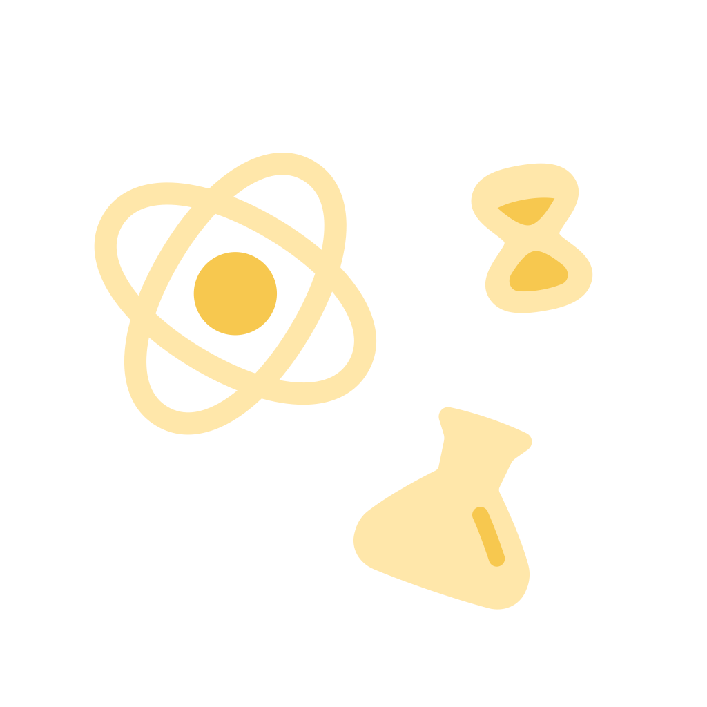 Grafikk med ikoner av en atom, et timegalss, og en eksperimentrør.