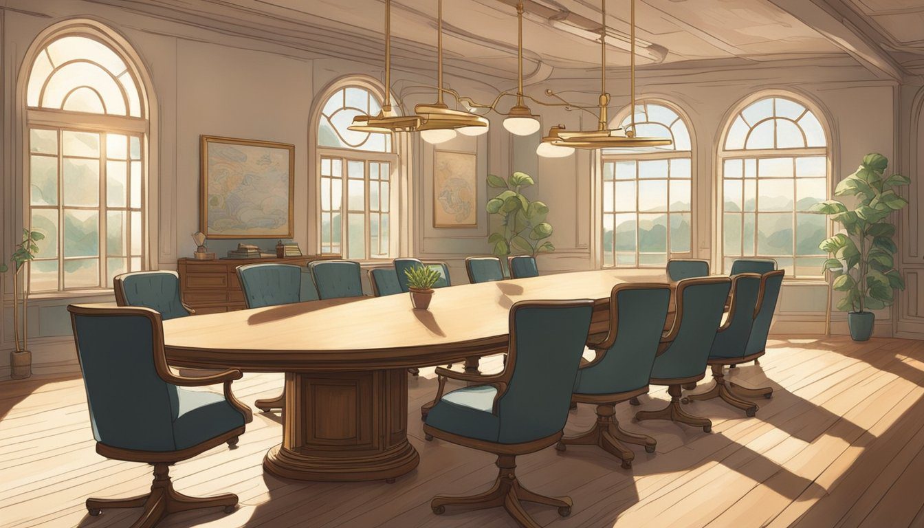 A conference room with a round table, chairs, and a whiteboard. Sunlight streams in through large windows, casting a warm glow on the space