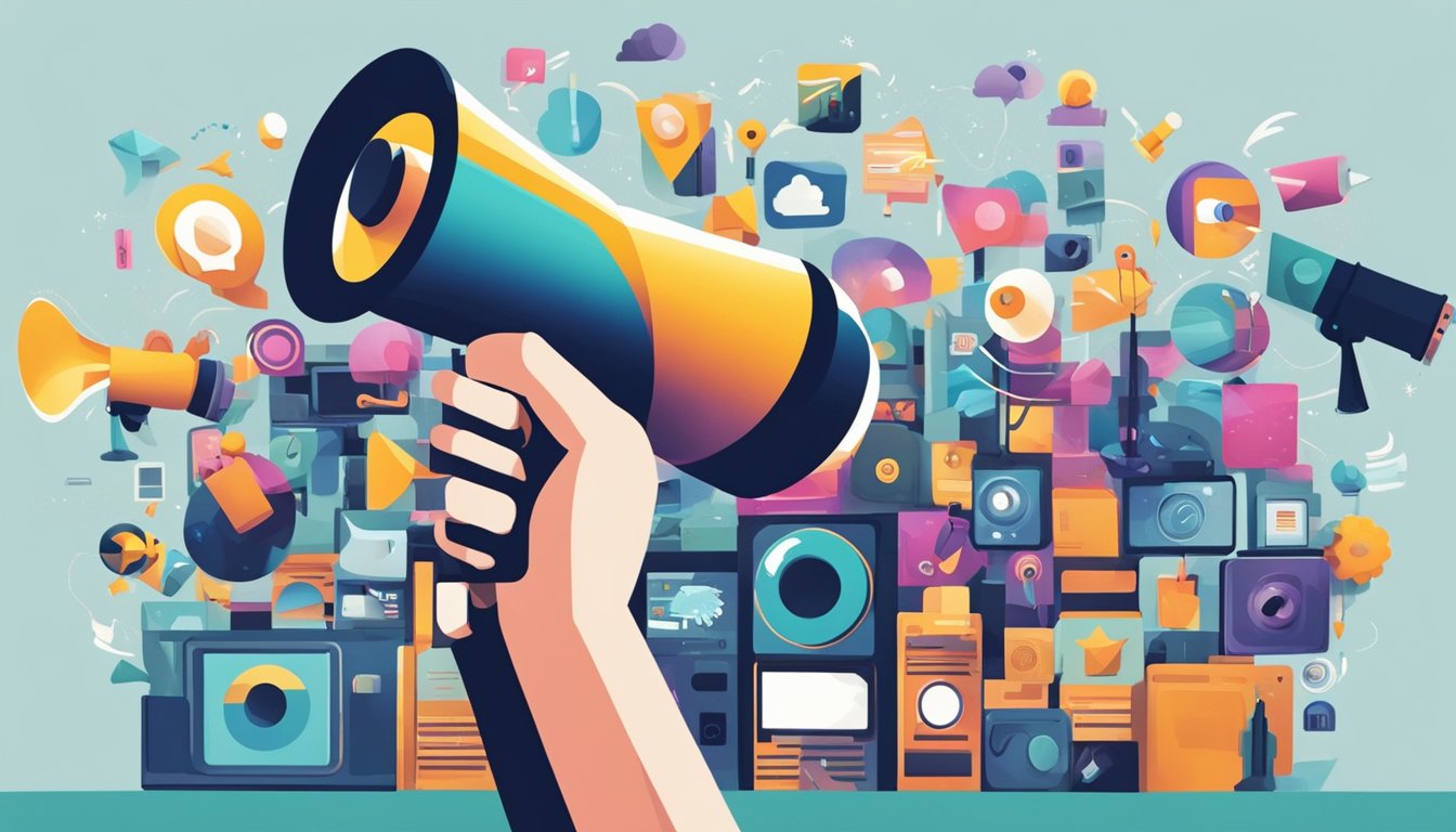A hand holding a megaphone, surrounded by various media platforms and channels, with content flowing out and reaching a diverse audience