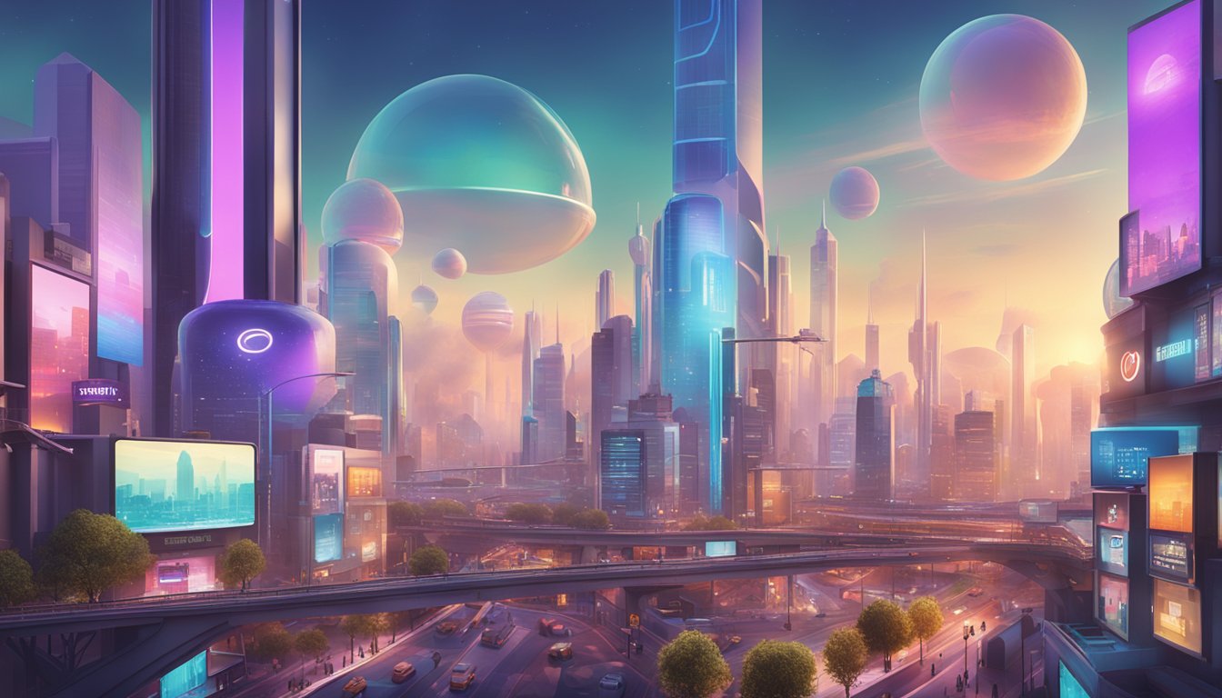 A futuristic cityscape with digital billboards showcasing content marketing trends and future concepts