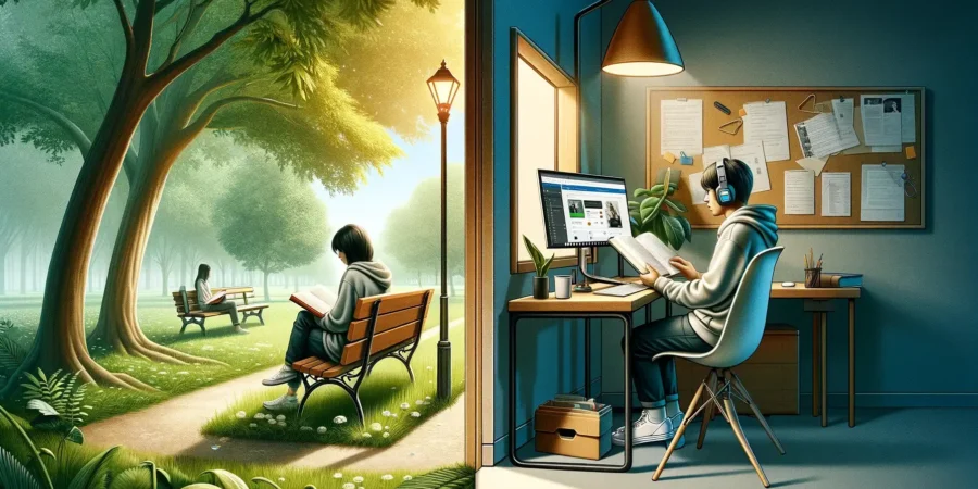 a-realistic-illustration-that-seamlessly-portrays-two-individuals-in-separate-learning-environments