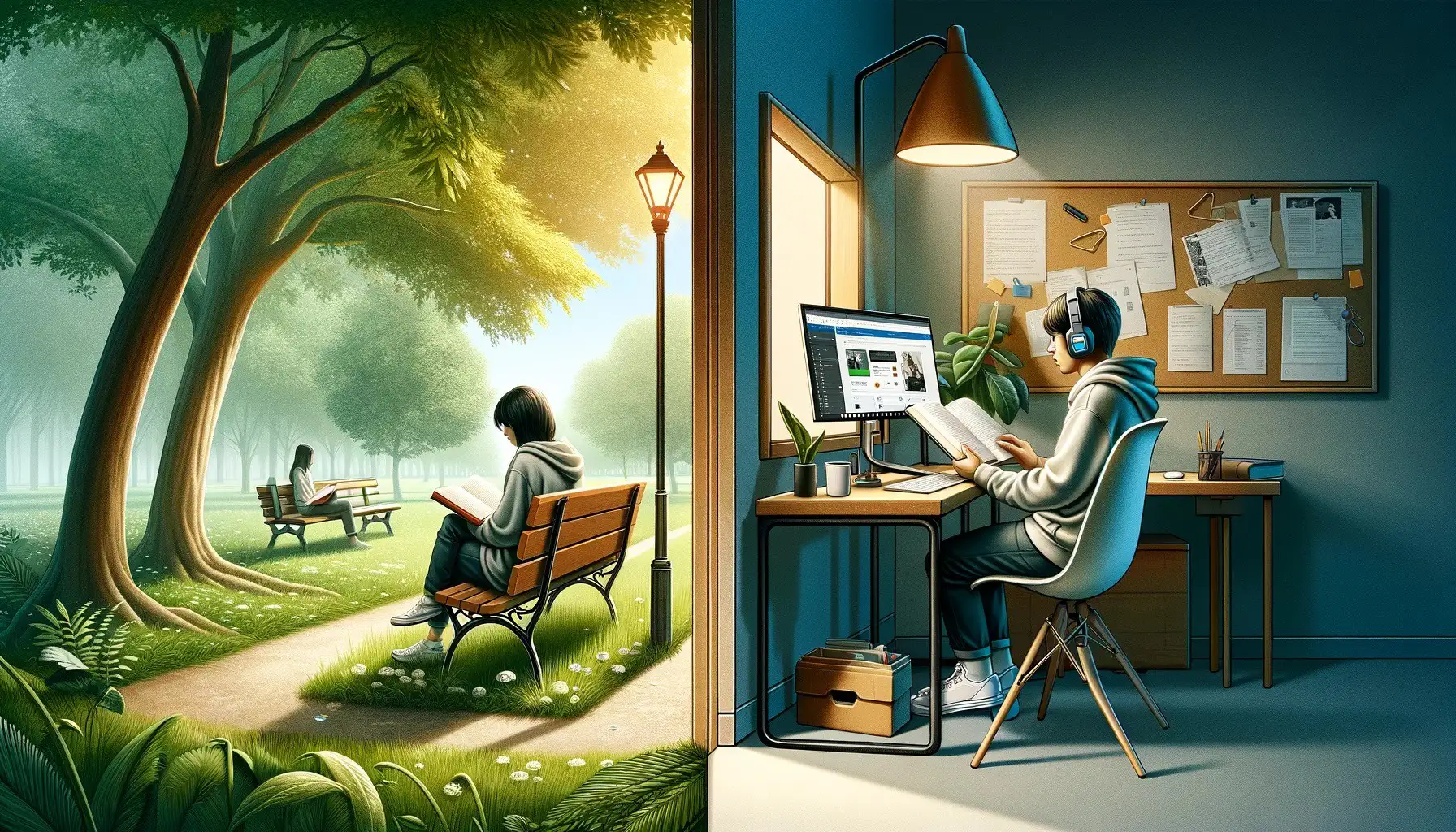 a-realistic-illustration-that-seamlessly-portrays-two-individuals-in-separate-learning-environments