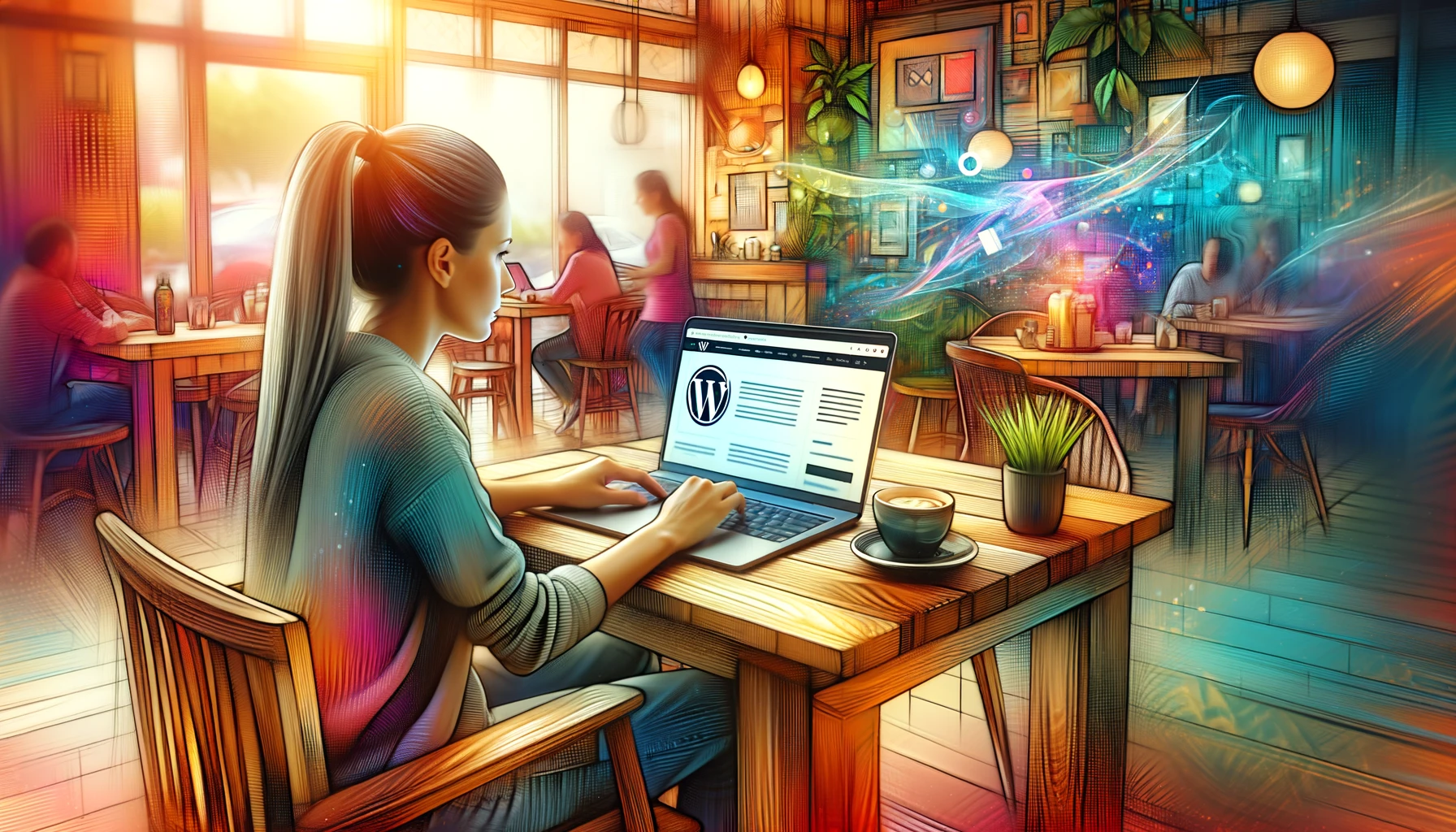 Illustrasjon av ung kvinne som sitter på en kafé med sin laptop og jobber på sin WordPress-nettside.