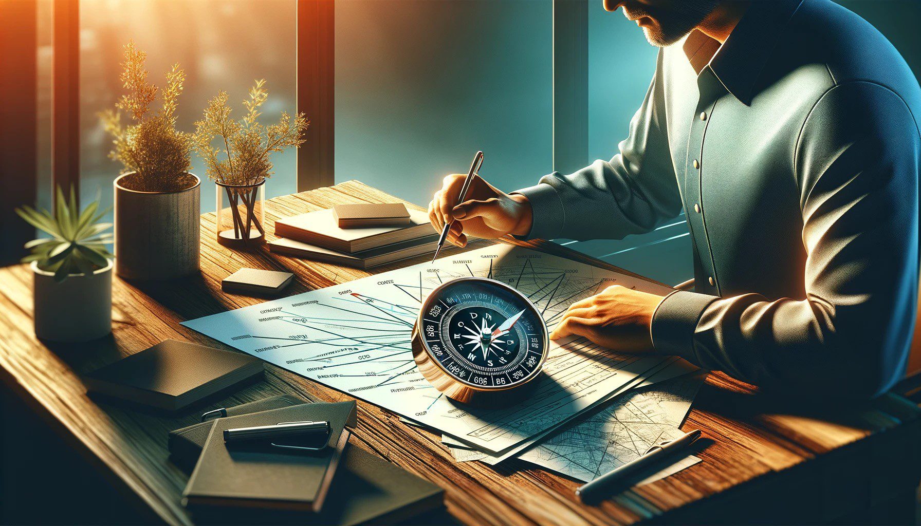 En person sitter v ed et skrivebord med papirer og et kompass som illustrerer en analyse av hans innholdsstrategi.