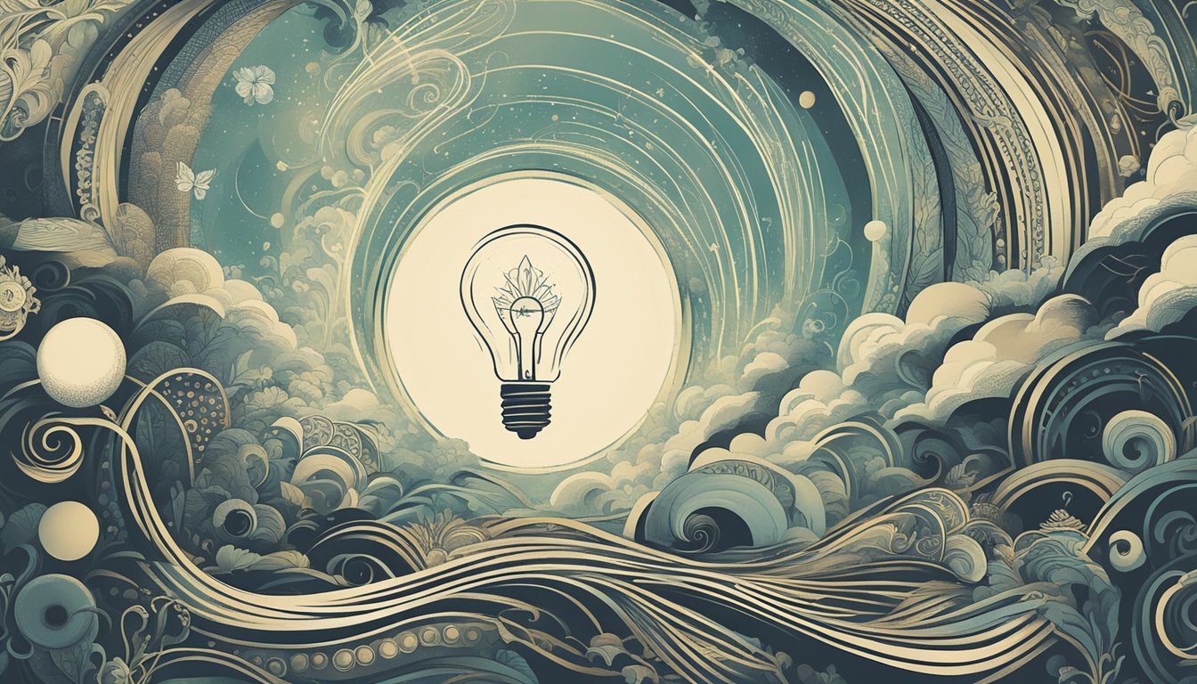 A glowing light bulb surrounded by swirling lines and symbols, representing the power of media as a tool for growth and information products