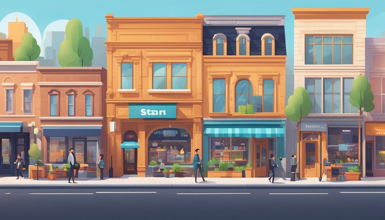 A bustling city street with small businesses showcasing modern storefronts and vibrant signage. Some themes may include sleek design and user-friendly interfaces, while others may have limited customization options