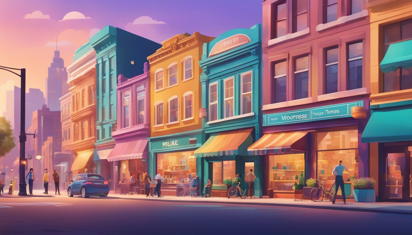 A bustling city street with modern storefronts and vibrant signage, showcasing the latest and best WordPress themes for small businesses in 2024