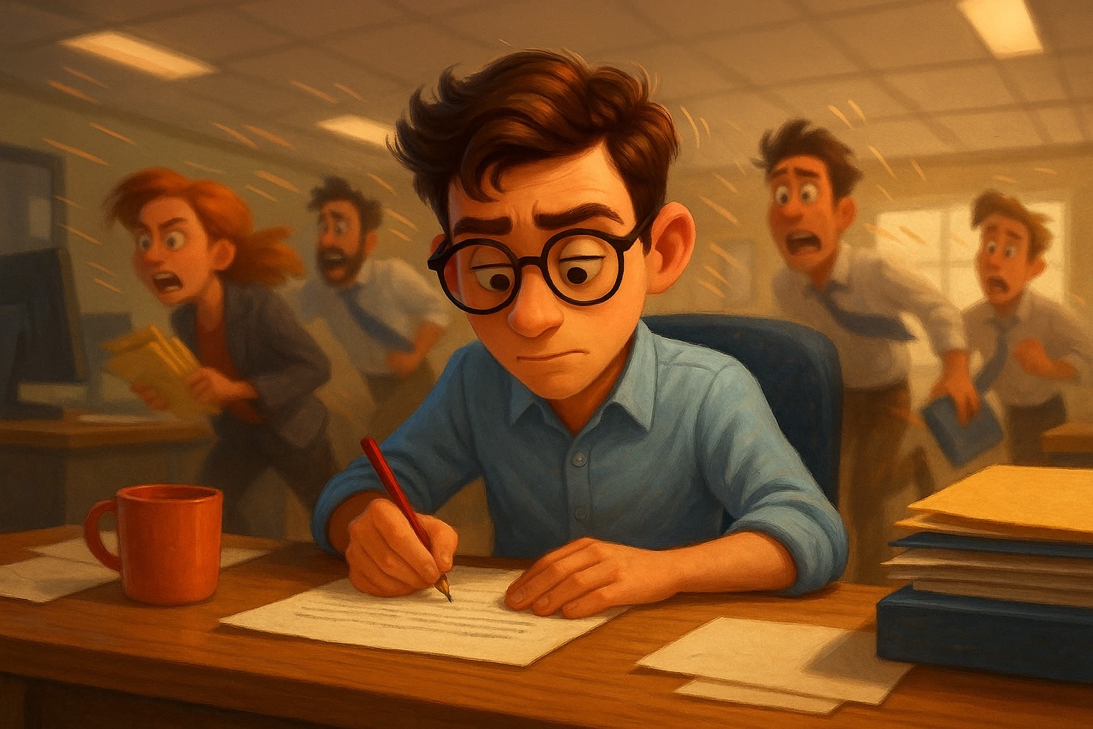 Illustrasjon av mann med briller som skriver fokusert ved kontorpult, mens mennesker haster forbi i bakgrunnen.